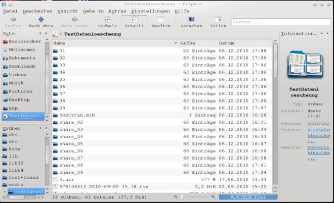 Dolphin zeigt uns die Ordner auf der Festplatte