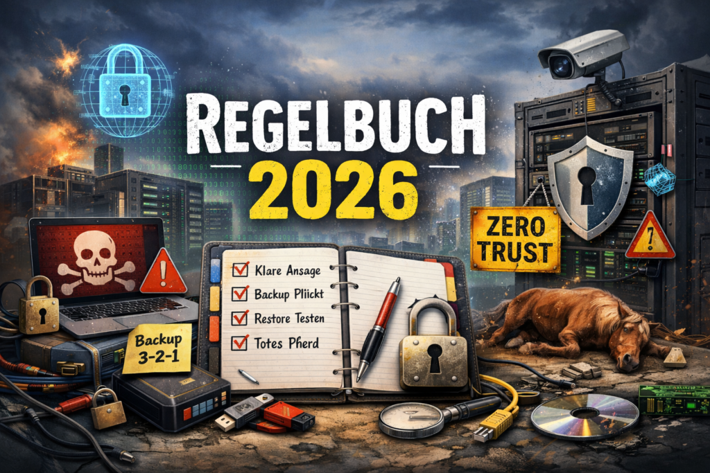 Illustration eines IT-Regelbuchs 2026 mit Serverrack, Schloss-Symbolen, Backup-Medien, Laptop mit Malware-Warnung und Zero-Trust-Hinweis – Sinnbild für IT-Security-Grundregeln wie Backup, Verschlüsselung, Monitoring und Dokumentation.