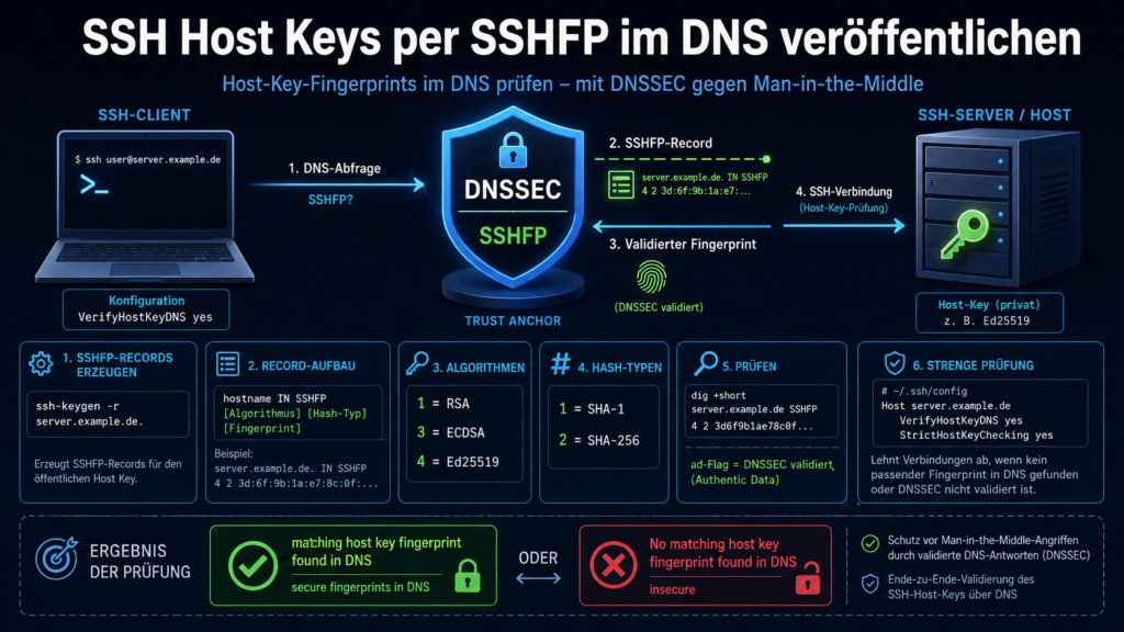 SSH-Host-Key-Prüfung per SSHFP im DNS mit DNSSEC-validiertem Fingerprint, OpenSSH-Client, Server-Host-Key und Schutz vor Man-in-the-Middle-Angriffen.