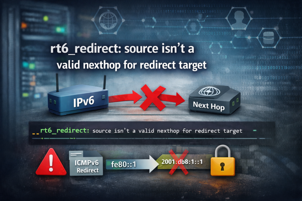 Illustration eines IPv6-Netzwerks mit Kernel-Logmeldung „rt6_redirect: source isn't a valid nexthop for redirect target“. Ein ICMPv6-Redirect verweist fälschlich von einer Link-Local-Adresse auf eine globale IPv6-Adresse als Next Hop, was vom System abgelehnt wird.