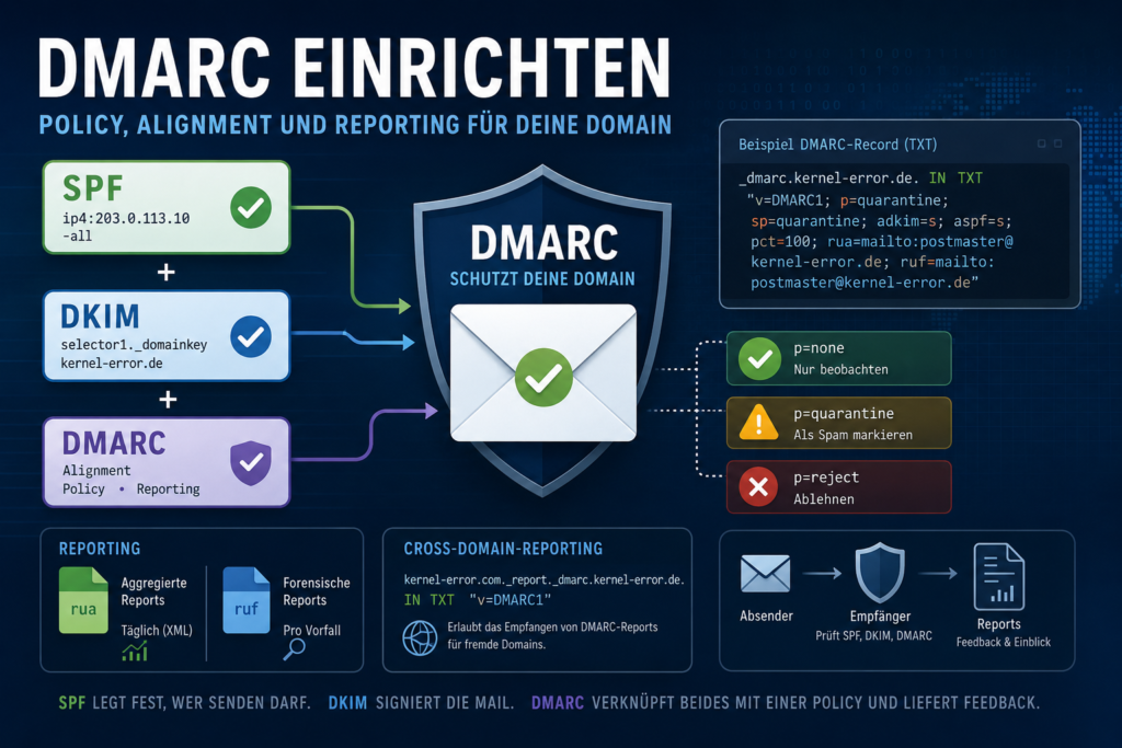 DMARC-Einrichtung für eine Domain mit SPF, DKIM, Alignment, Policy-Stufen, Reporting und Beispiel-DNS-Record.