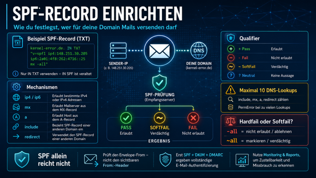 SPF-Record-Einrichtung für eine Domain mit TXT-Beispiel, erlaubten Mailservern, SPF-Mechanismen, Qualifiern, 10-DNS-Lookup-Limit und Hinweis auf DKIM und DMARC.