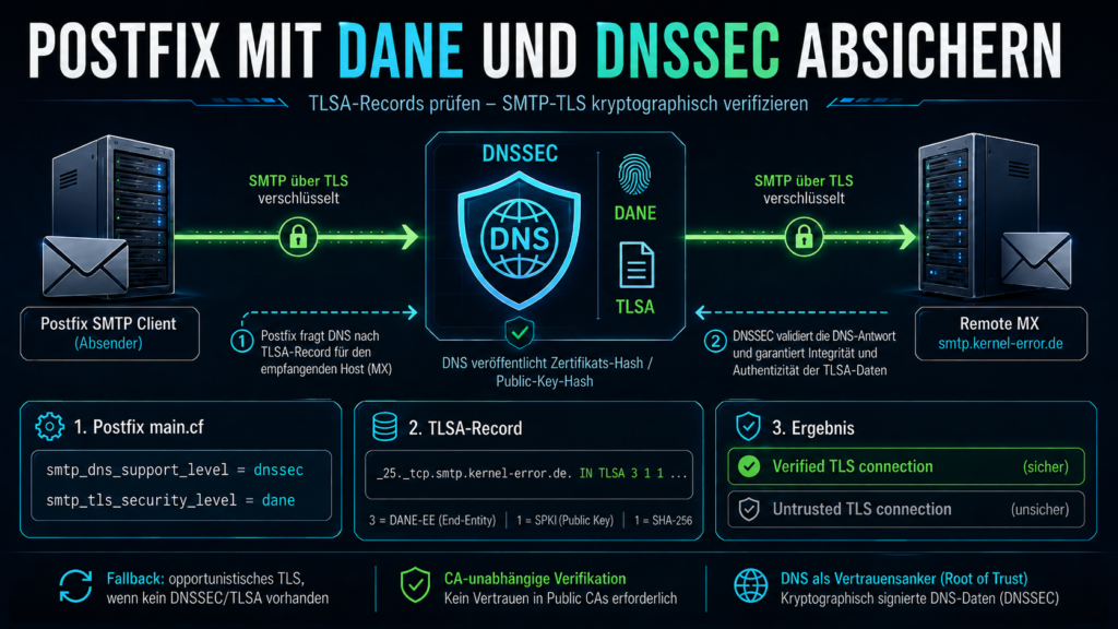 Postfix-Mailserver mit DANE und DNSSEC, TLSA-Record-Prüfung, DNS als Vertrauensanker und verifizierter SMTP-TLS-Verbindung zwischen Mailservern.