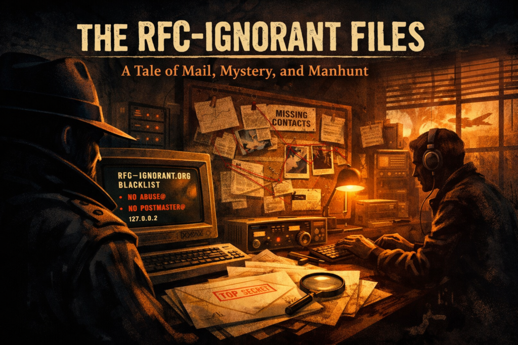 Noir-style cyber investigation scene with a shadowy analyst at a desk, green terminal showing ‘RFC-Ignorant.org blacklist – no abuse@ / no postmaster@’, and a case board labeled ‘Missing Contacts’ in the background.