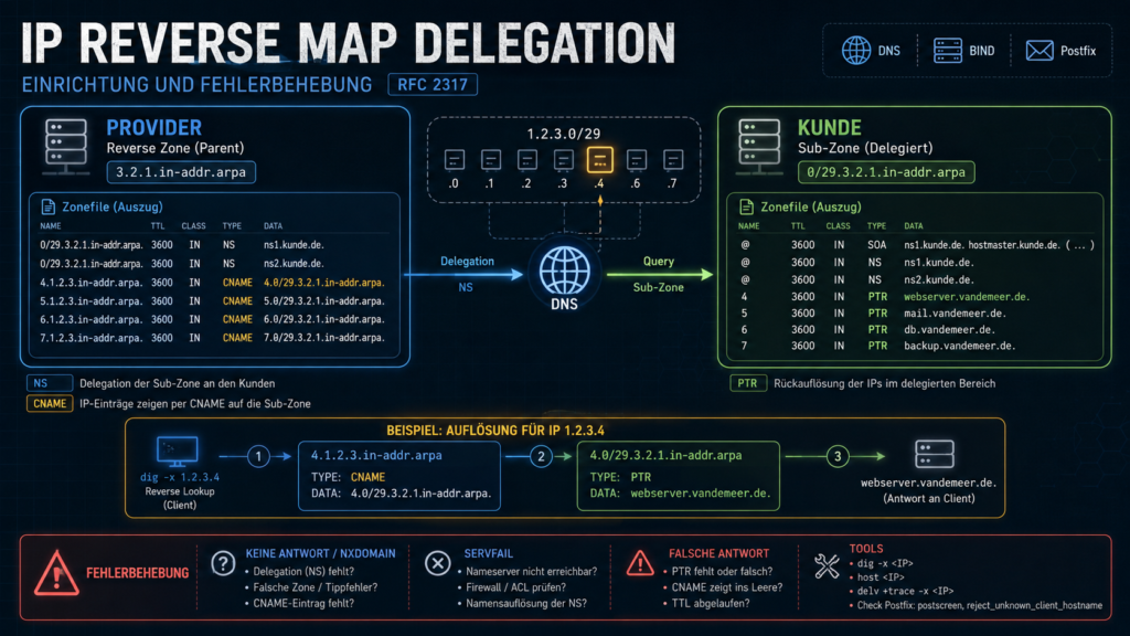 IP-Reverse-Map-Delegation nach RFC 2317 mit Provider-Zone, Kunden-Subzone, CNAME-Verweisen, PTR-Antwort und Troubleshooting-Hinweisen.