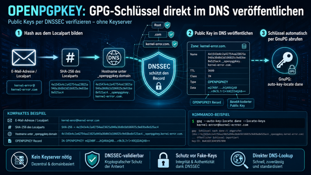 OPENPGPKEY-Record für einen GPG-Schlüssel im DNS mit Hash des E-Mail-Localparts, DNSSEC-Schutz, Base64-kodiertem Public Key und automatischem Abruf per GnuPG.