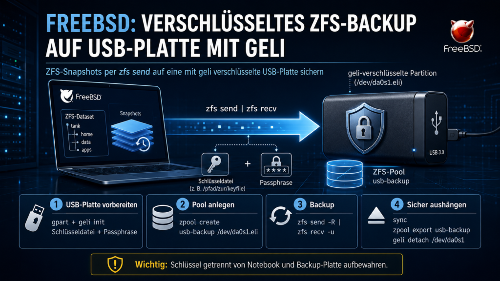 FreeBSD-Notebook erstellt per ZFS-Snapshot und zfs send ein verschlüsseltes Backup auf eine USB-Platte mit geli, Schlüsseldatei, Passphrase und sicherem Aushängen.