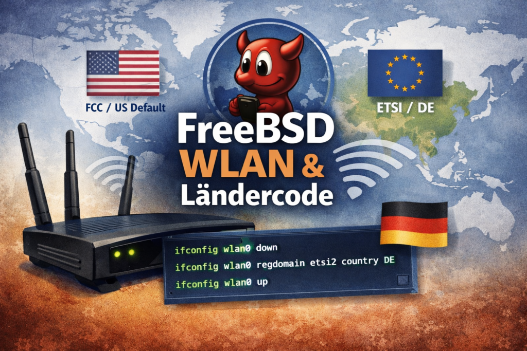 Grafik zum Thema FreeBSD WLAN und Ländercode: Ein WLAN-Router mit Antennen, daneben Terminal-Kommandos zur ifconfig-Konfiguration von Regdomain und Country. Im Hintergrund eine Weltkarte mit Markierungen für FCC/US-Default und ETSI/DE sowie der FreeBSD-Daemon als zentrales Element.