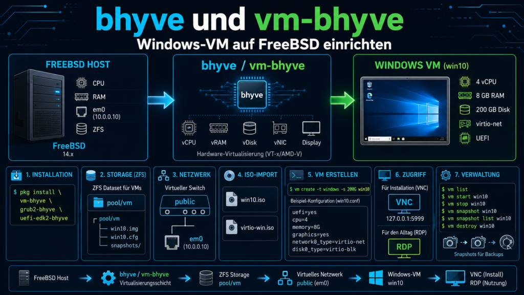 bhyve und vm-bhyve auf FreeBSD mit Windows-VM, ZFS-Storage, virtuellem Netzwerk, ISO-Import, VNC-Zugriff, RDP-Nutzung und VM-Verwaltung.