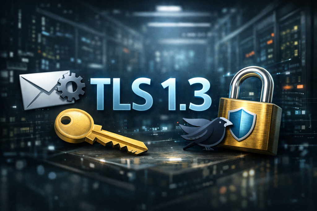 Illustration zu TLS 1.3 im Mailbetrieb: Symbolische Darstellung von Postfix und Dovecot mit Schloss und Schlüssel vor Server-Hintergrund, steht für verschlüsselte SMTP- und IMAP-Verbindungen mit modernen TLS-Standards.