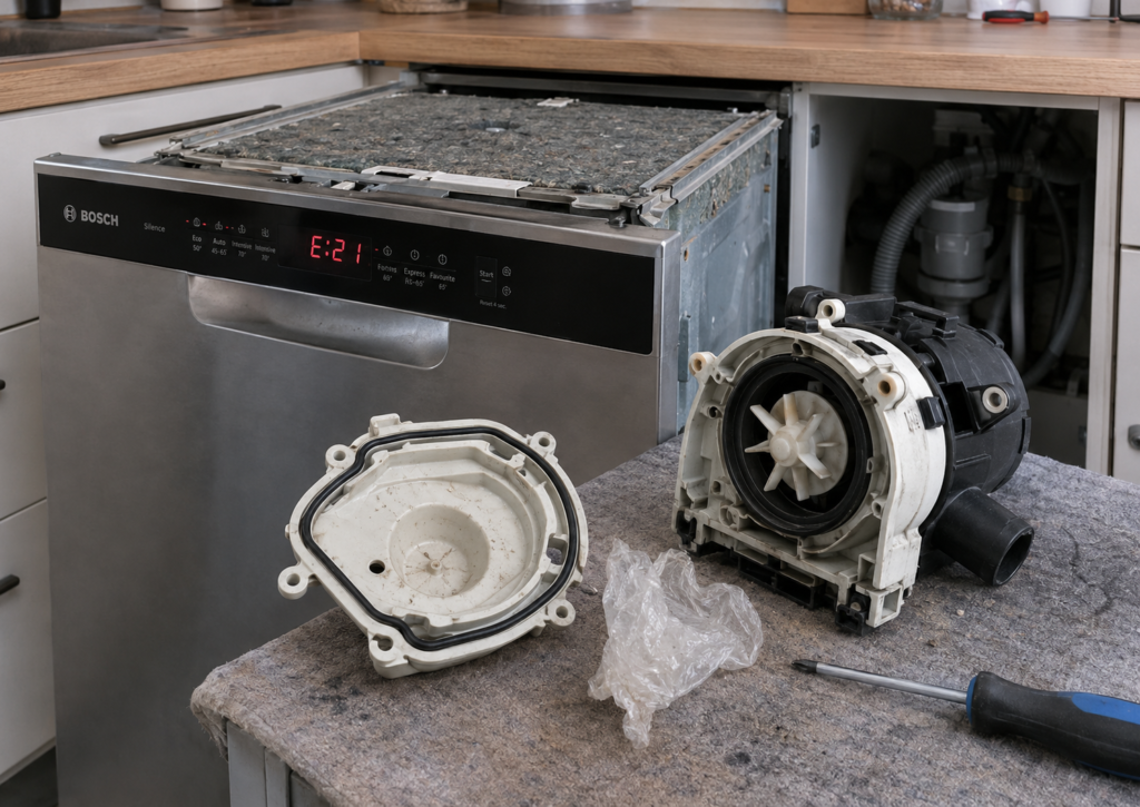 Bosch Geschirrspülmaschine mit Fehler E:21 und zerlegter Umwälzpumpe auf der Arbeitsfläche