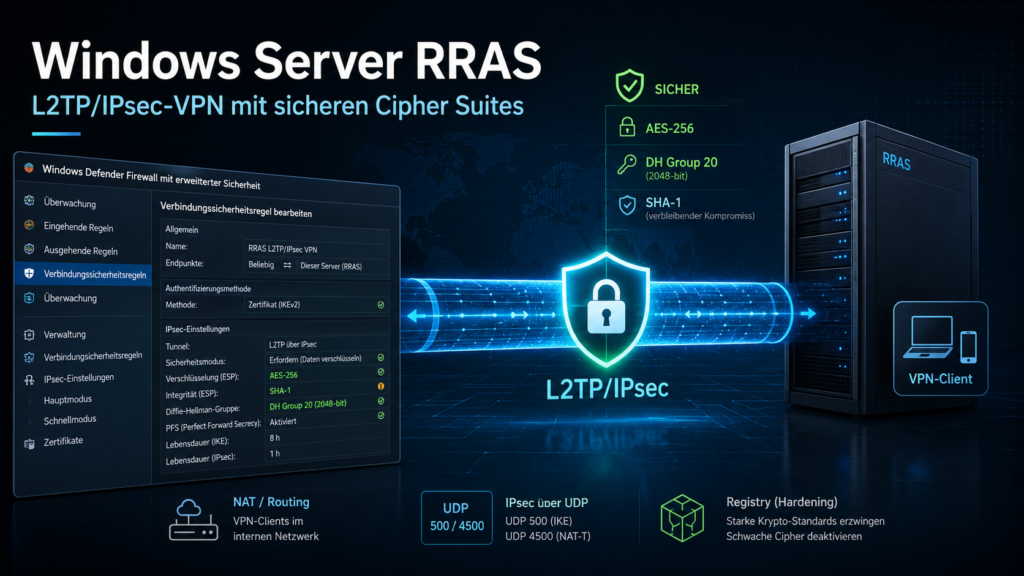Windows Server RRAS mit L2TP/IPsec-VPN-Tunnel, Firewall-Konfiguration, AES-256, DH Group 20, UDP 500/4500 und Registry-Hardening.