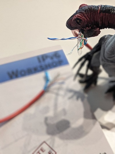 Bild wie ein Dinosaurier ein Patchkabel durchbeißt, im Hintergrund ist das Buch IPv6 Workshop zu erkennen.