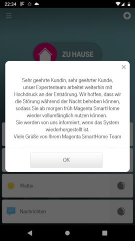Screenshot der Telekom Smart Home APP auf einem Android Smartphone, welche zeigt, dass es Probleme mit dem Service gibt.