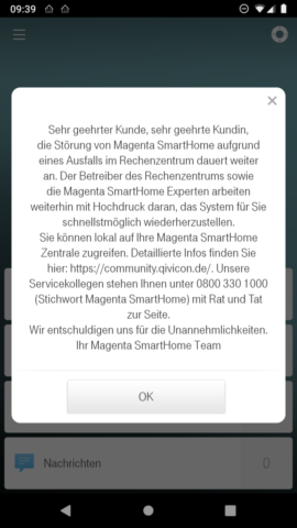 Screenshot der Telekom Smart Home APP auf einem Android Smartphone, welche zeigt, dass es Probleme mit dem Service gibt.