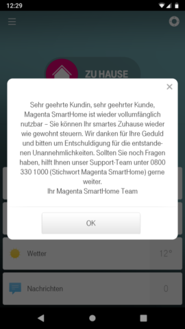 Screenshot der Telekom Smart Home APP auf einem Android Smartphone, welche zeigt, dass es Probleme mit dem Service gibt.