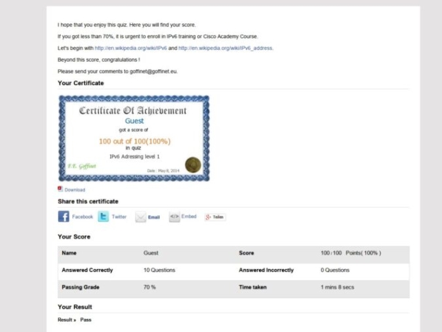 Screenshot vom Certificate of Achivement eines IPv6 Tests