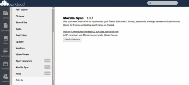 Screenshot vom Mozilla Sync für die ownCloud.