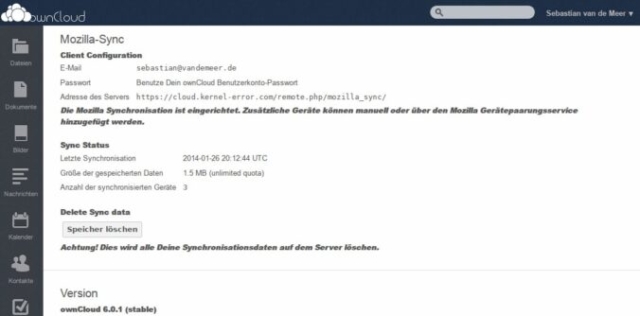 Screenshot vom Mozilla Sync für die ownCloud. Client Configuration.