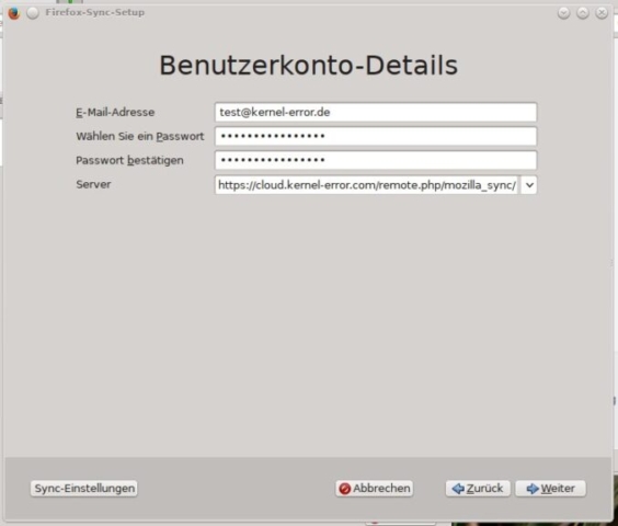 Screenshot vom Mozilla Sync für die ownCloud. Benutzerkonto Details.