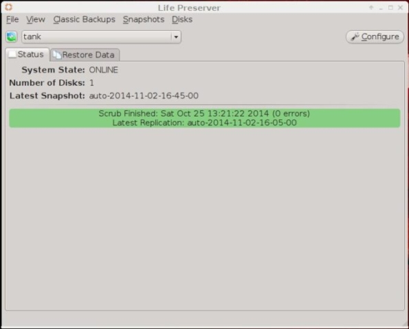 Screenshot vom Life Preserver mit der Information über den ZFS Status.