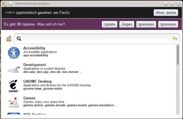 Screenshot von rigo mit einer Lustigen Meldung: <=|=< (optisch gesehen: ein Fisch)