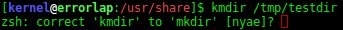 Screenshot der Z Shell zsh auf dem Laptop von Sebastian van de Meer aka Kernel-Error. Beispiel zur Autovervollständigung beim Command mkdir.
