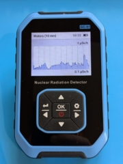 Blick auf das Display des FNIRSI GC-01 Nuclear Radiation Detectors mit der Rad Pro Firmware - Histroy