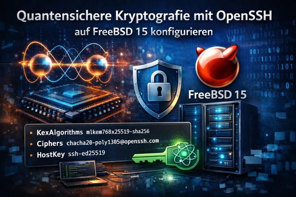 Illustration zu quantensicherer Kryptografie mit OpenSSH auf FreeBSD 15. Dargestellt sind ein Quantenchip, kryptografische Symbole, ein Server, ein SSH Schlüssel sowie der FreeBSD Daemon als Sinnbild für post-quantum Key Exchange und sichere Serverkommunikation.