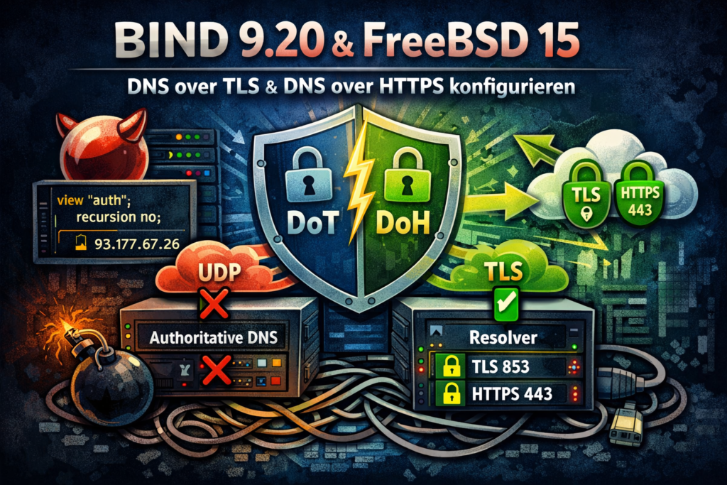 Beitragsgrafik zu BIND 9.20 auf FreeBSD 15: schematische Trennung von autoritativem DNS und rekursivem Resolver. Links ein Authoritative-DNS-Server mit deaktivierter Rekursion und blockiertem UDP/53, rechts ein Resolver, der ausschließlich DNS over TLS (Port 853) und DNS over HTTPS (Port 443) anbietet. In der Mitte ein Schild mit DoT/DoH-Symbolen, Pfeile zeigen verschlüsselten DNS-Verkehr. Fokus auf Sicherheits- und Rollen-Trennung.