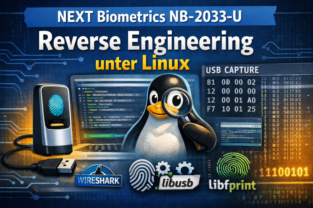 Illustration eines USB-Fingerabdrucklesers mit Linux-Tux und USB-Protokollanalyse (Reverse Engineering NB-2033-U)