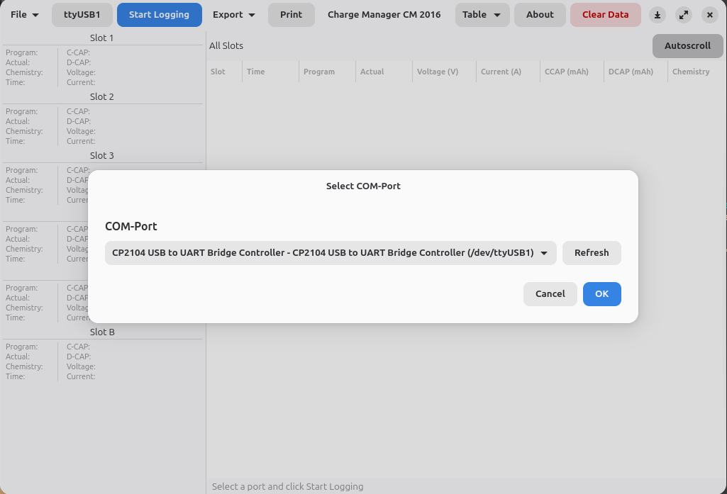 Voltcraft CM 2016 GUI: Port-Auswahl Dialog