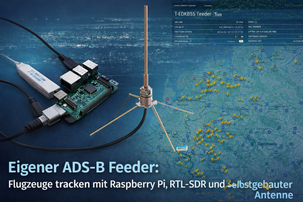 Beitragsbild zum ADS-B-Feeder: Raspberry Pi mit RTL-SDR-Dongle und selbstgebauter 1090-MHz-Groundplane-Antenne, kombiniert mit einer Karte von Mitteleuropa mit zahlreichen Flugzeugsymbolen und einem Flightradar24-Dashboard-Overlay.