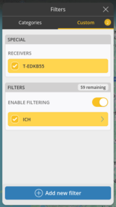 Geöffneter Filterdialog einer Flightradar24-App. Der Empfänger T-EDKB55 ist ausgewählt, Filterung ist aktiviert und ein benutzerdefinierter Filter (ICH) gesetzt. Unten Schaltfläche zum Hinzufügen weiterer Filter.