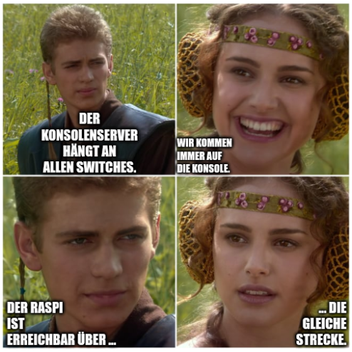 Meme mit Anakin und Padmé: „Der Konsolenserver hängt an allen Switches – wir kommen immer auf die Konsole – der Raspi ist erreichbar über … die gleiche Strecke.“
