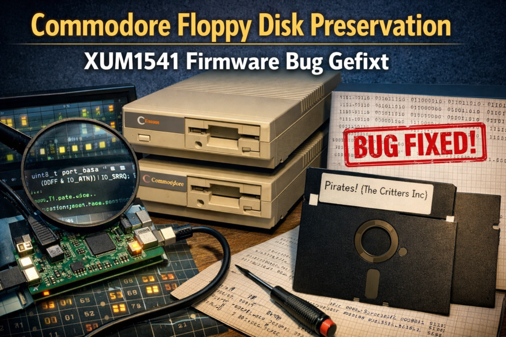 Commodore 1571 Laufwerk mit xum1541 (Teensy2) beim Auslesen einer 5,25-Zoll-Diskette unter Linux