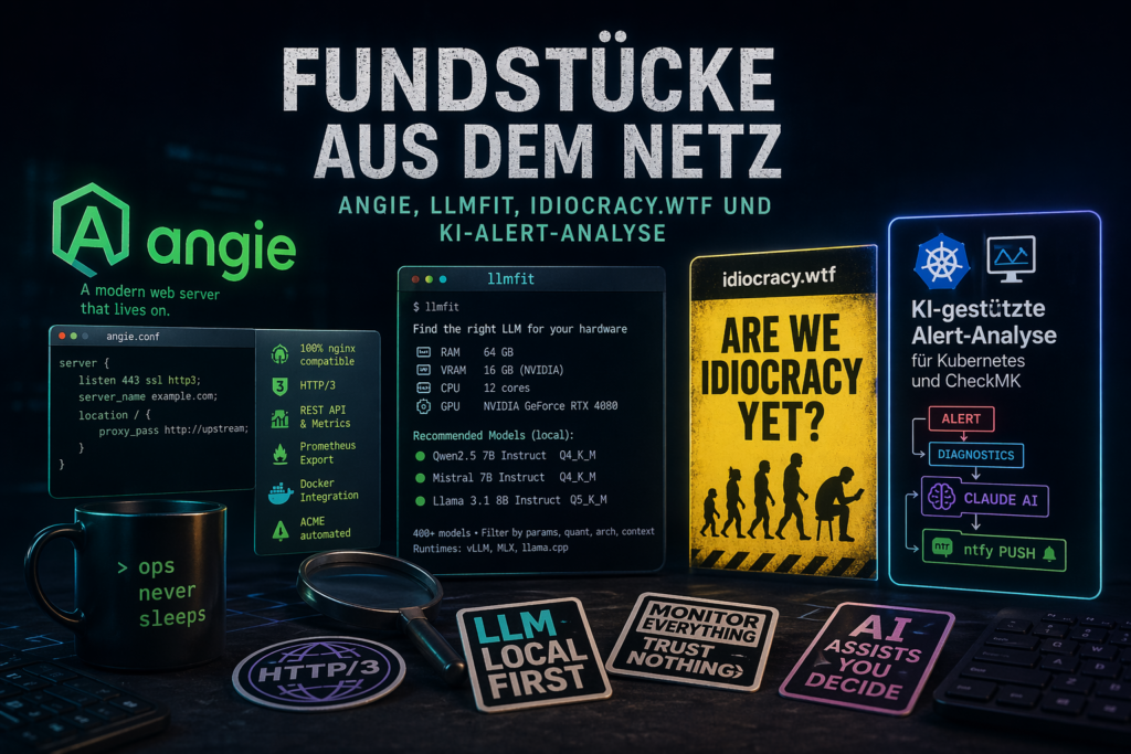Beitragsbild: Fundstücke aus dem Netz – Angie Nginx-Fork, llmfit Hardware-Check, idiocracy.wtf und KI-gestützte Alert-Analyse für Kubernetes
