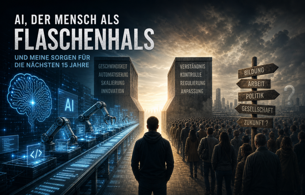 Mensch zwischen KI-Automatisierung und gesellschaftlicher Unsicherheit über Arbeit, Bildung, Politik und Zukunft.