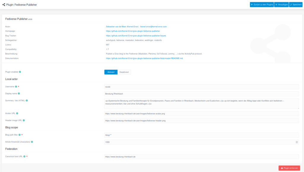Konfigurationsseite des Fediverse-Publisher-Plugins im Grav-Admin mit Local-Actor-Feldern, Blog-Scope, Article-Threshold und Canonical-Host-Eintrag