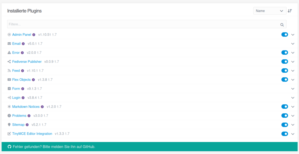 Grav-Admin Plugin-Liste mit aktiviertem Fediverse Publisher v0.0.9 zwischen Form, Login und Markdown Notices