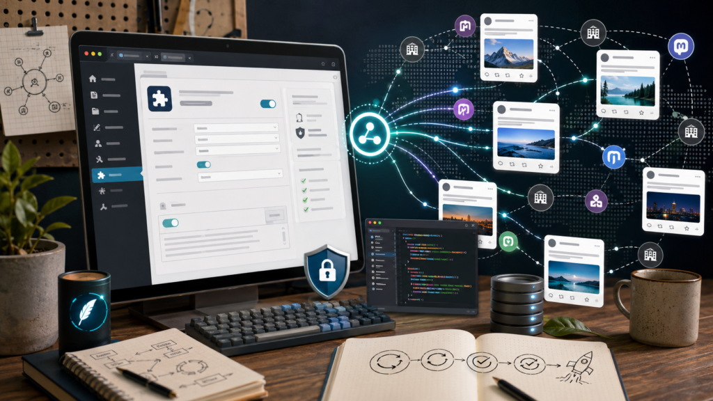 Illustration eines Grav-Plugin-Adminbereichs, von dem ActivityPub-Beiträge über ein föderiertes Netzwerk an verschiedene Fediverse-Instanzen verteilt werden.