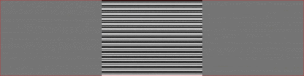 Zweifach-Zoom dreier Ausschnitte: vertikales Gitter grau verschmiert, horizontales Gitter scharf, Schachbrett grau