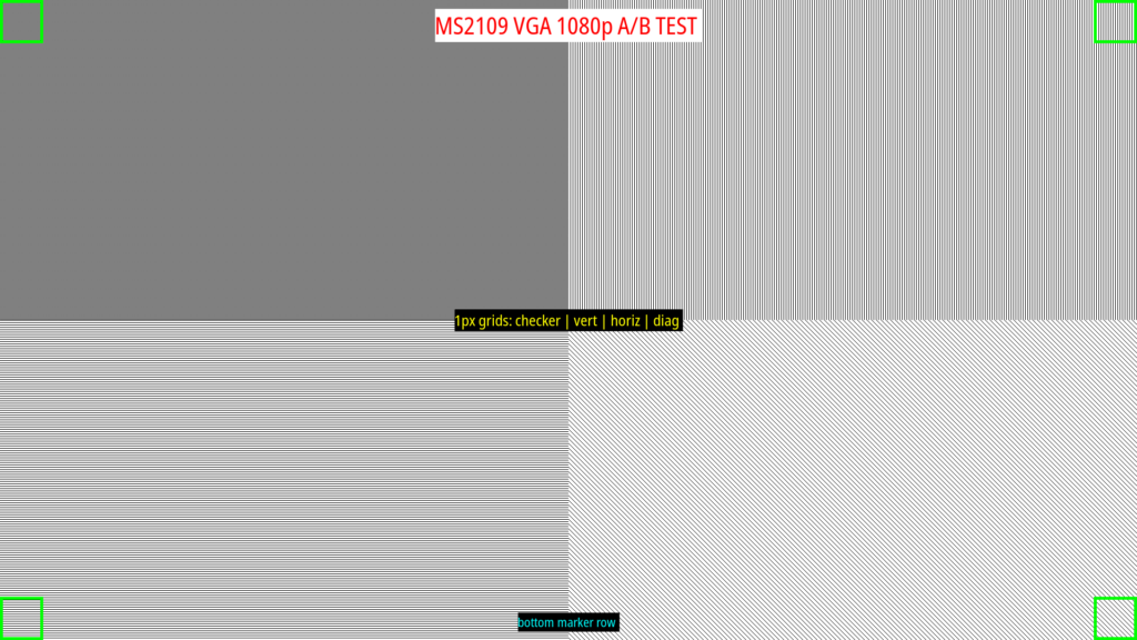 1920x1080-Testbild mit vier Quadranten aus 1-Pixel-Gittern und grünen Eck-Markern für den A/B-Test