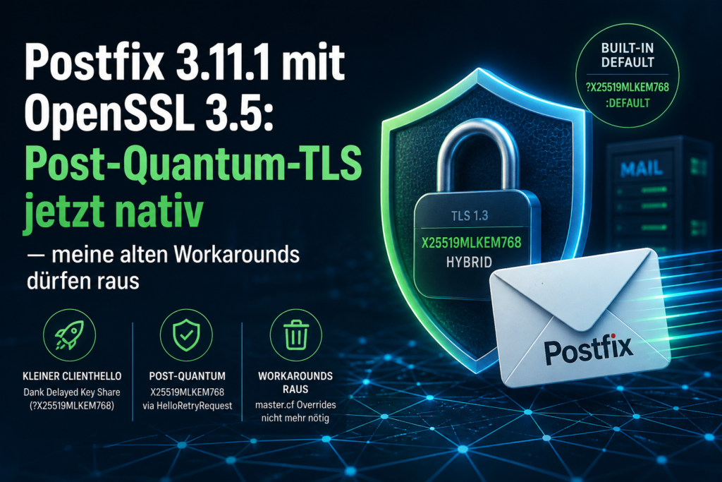 Postfix 3.11.1 mit OpenSSL 3.5 – Post-Quantum TLS (X25519MLKEM768) mit kleinem ClientHello durch Delayed Key Share