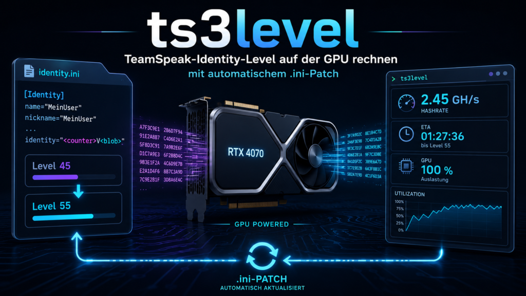 Beitragsbild zu ts3level: Eine TeamSpeak-Identity-INI-Datei wird per GPU von Security-Level 45 auf 55 hochgerechnet und automatisch gepatcht.