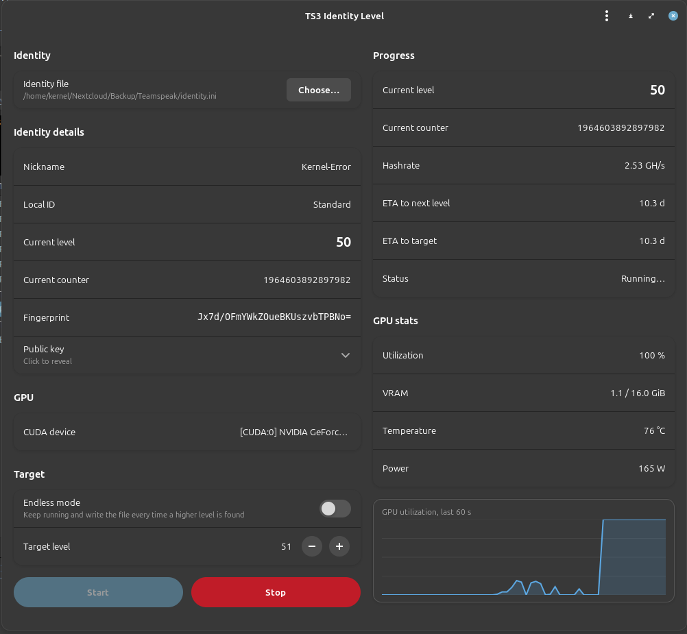 ts3level GUI Hauptfenster mit aktivem Hash-Run, Identity-Details links, GPU-Stats und Auslastungsgraph rechts