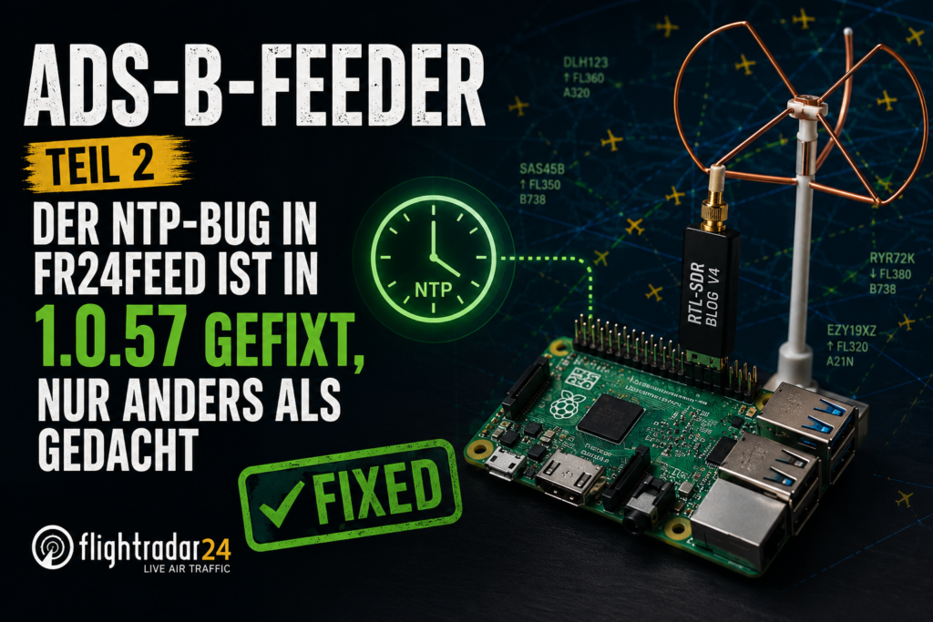 Raspberry Pi mit RTL-SDR-Stick und ADS-B-Antenne vor einer Flugradar-Karte. Das Beitragsbild thematisiert die Behebung des NTP-Problems in fr24feed 1.0.57 und die erfolgreiche Wiederanbindung eines Flightradar24-Feeders.