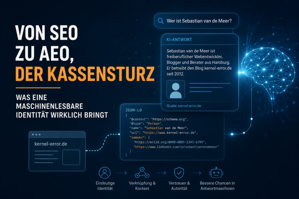 Visualisierung einer maschinenlesbaren Online-Identität mit JSON-LD, Knowledge Graph und KI-Antwortsystemen zur Verknüpfung einer Person über mehrere digitale Quellen.