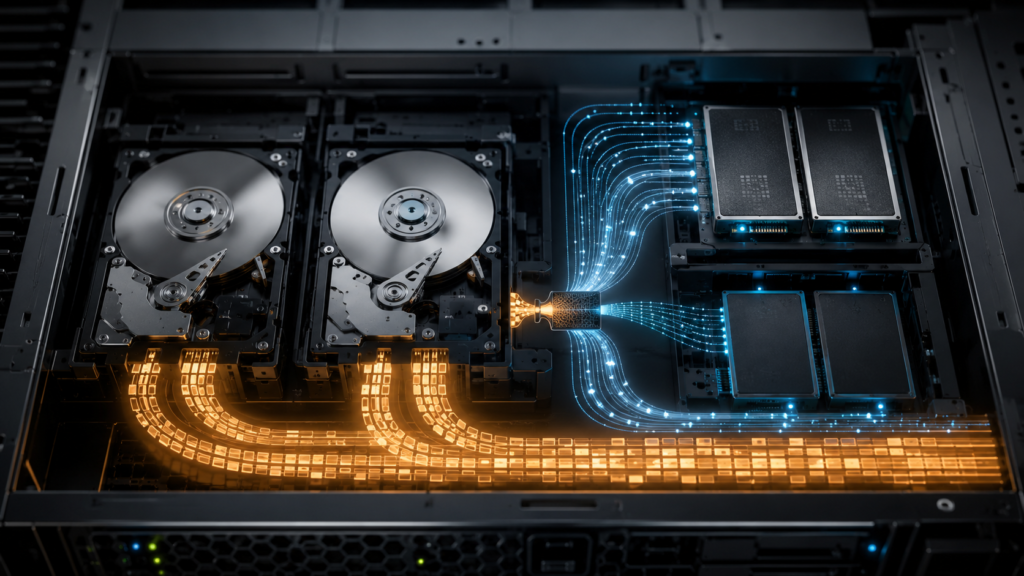 Symbolische Darstellung eines ZFS-HDD-Mirrors mit SSD-special-vdev: Metadaten-I/O wird von Festplatten auf schnelle SSDs ausgelagert.